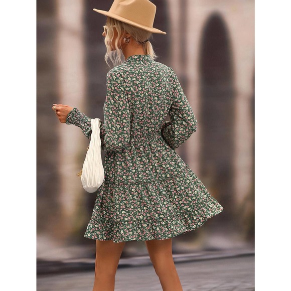 Ditsy Floral Frill Trim Tie-Neck Dress - Picture 2 of 5